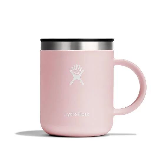 Hydro Flask 12 oz pink insulated mug with spill-stopping lid, ideal for coffee and beverages. Durable, reusable, and stylish.